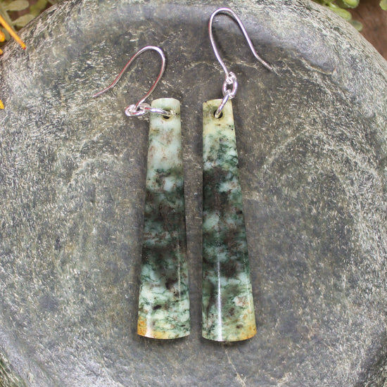 Roimata or Teardrop earrings carved from Flower Jade Pounamu - NZ Greenstone