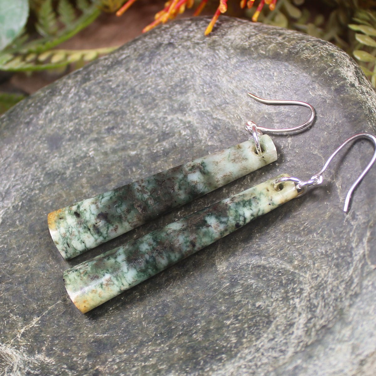 Roimata or Teardrop earrings carved from Flower Jade Pounamu - NZ Greenstone