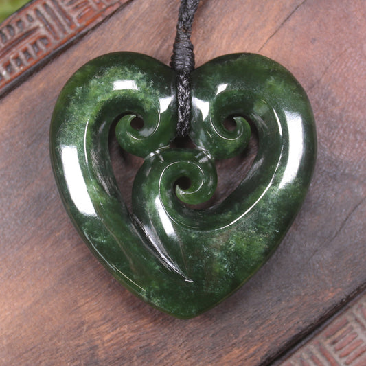 Heart with Koru carved from Kawakawa Pounamu - NZ Greenstone