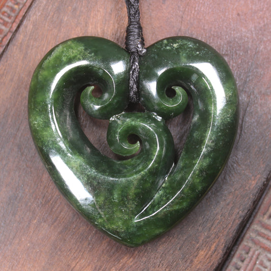Heart with Koru carved from Kawakawa Pounamu - NZ Greenstone