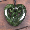 Heart with Koru carved from Kawakawa Pounamu - NZ Greenstone