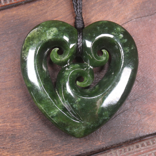 Heart with Koru carved from Kawakawa Pounamu - NZ Greenstone