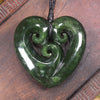 Heart with Koru carved from Kawakawa Pounamu - NZ Greenstone