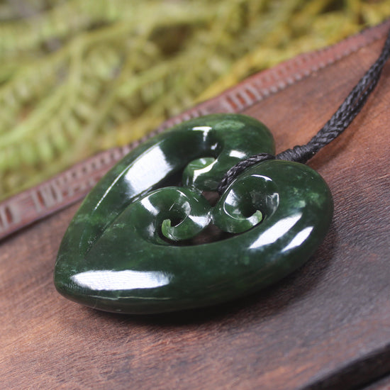 Heart with Koru carved from Kawakawa Pounamu - NZ Greenstone