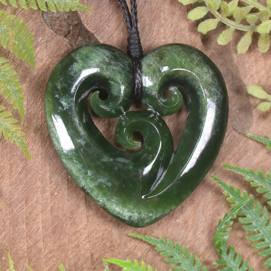 Heart with Koru carved from Kawakawa Pounamu - NZ Greenstone