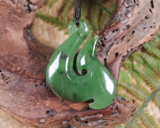 Hei Matau or Fish Hook carved from Hapopo Pounamu - NZ Greenstone