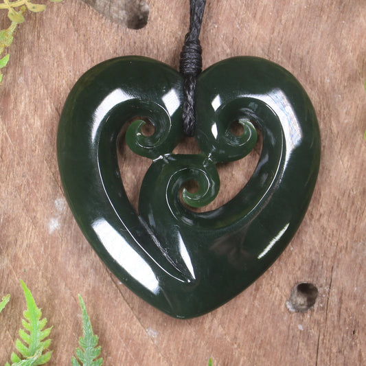 Heart with Koru carved from Kawakawa Pounamu - NZ Greenstone