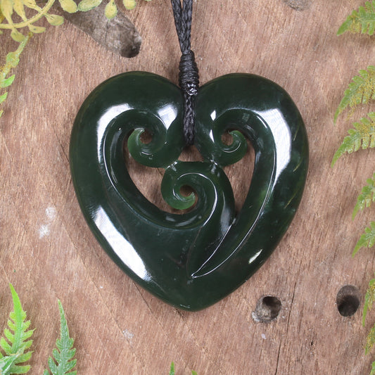 Heart with Koru carved from Kawakawa Pounamu - NZ Greenstone
