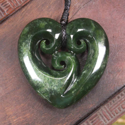 Heart with Koru carved from Kawakawa Pounamu - NZ Greenstone