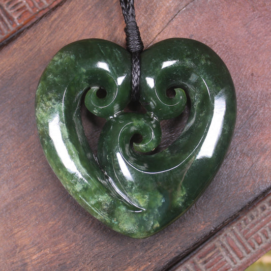 Heart with Koru carved from Kawakawa Pounamu - NZ Greenstone