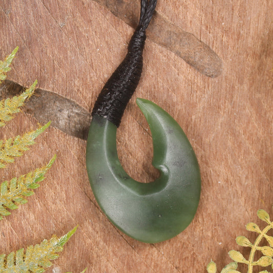 Hei Matau or Fish Hook carved from Hapopo Pounamu - NZ Greenstone