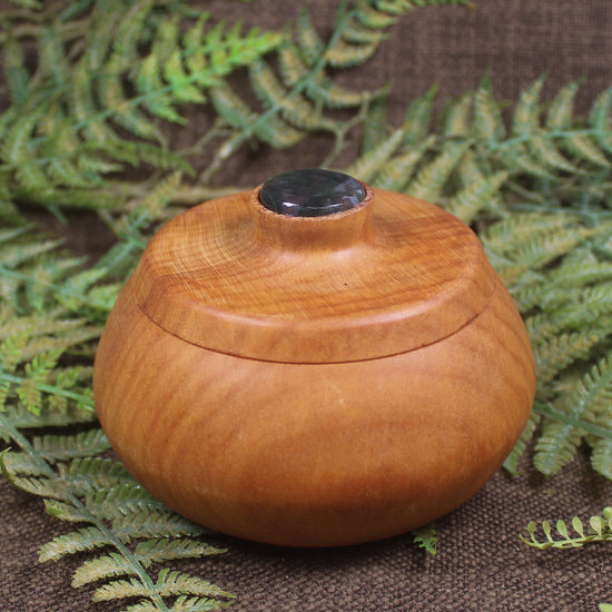 Wooden container with Moss Agate set into lid 