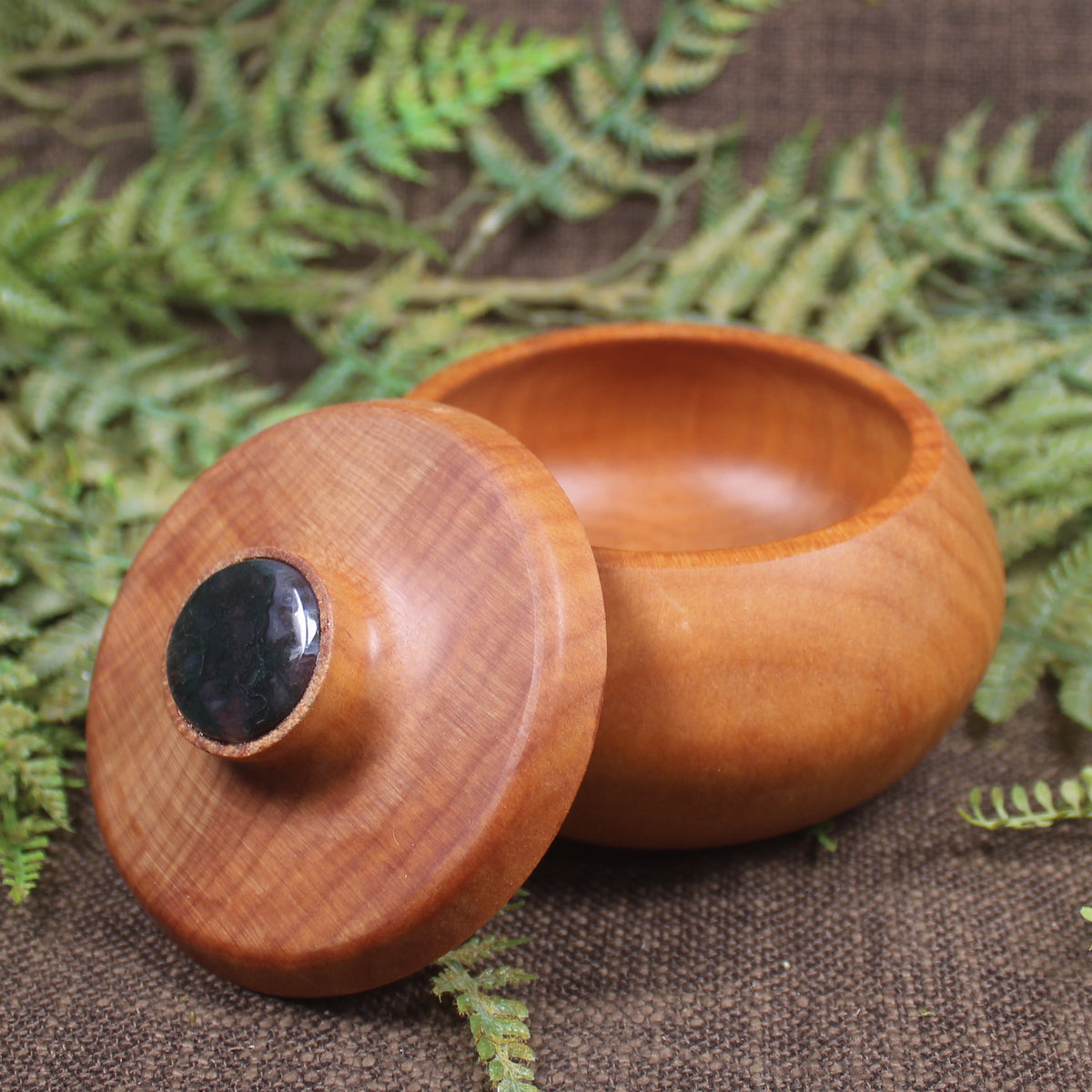 Wooden container with Moss Agate set into lid 