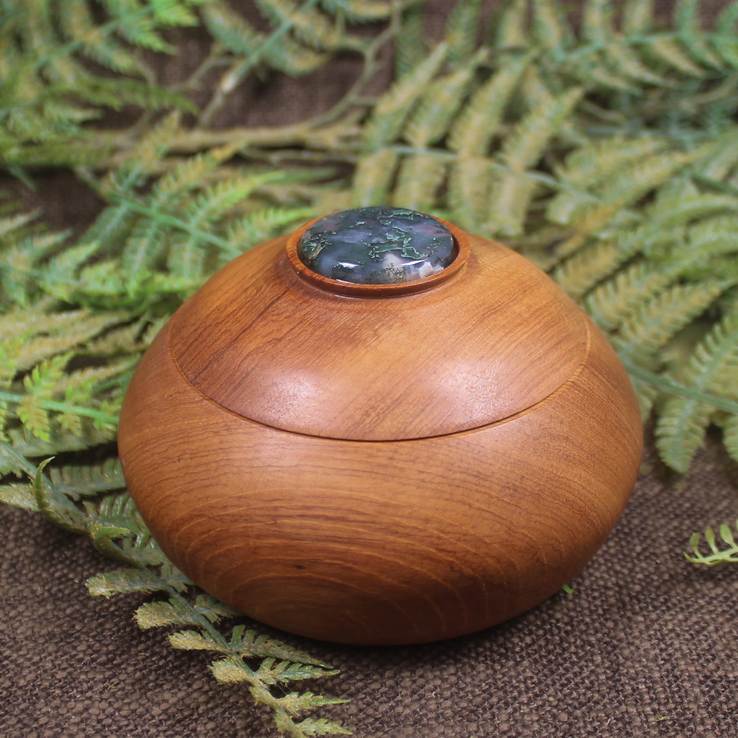 Wooden container with Moss Agate set into lid 