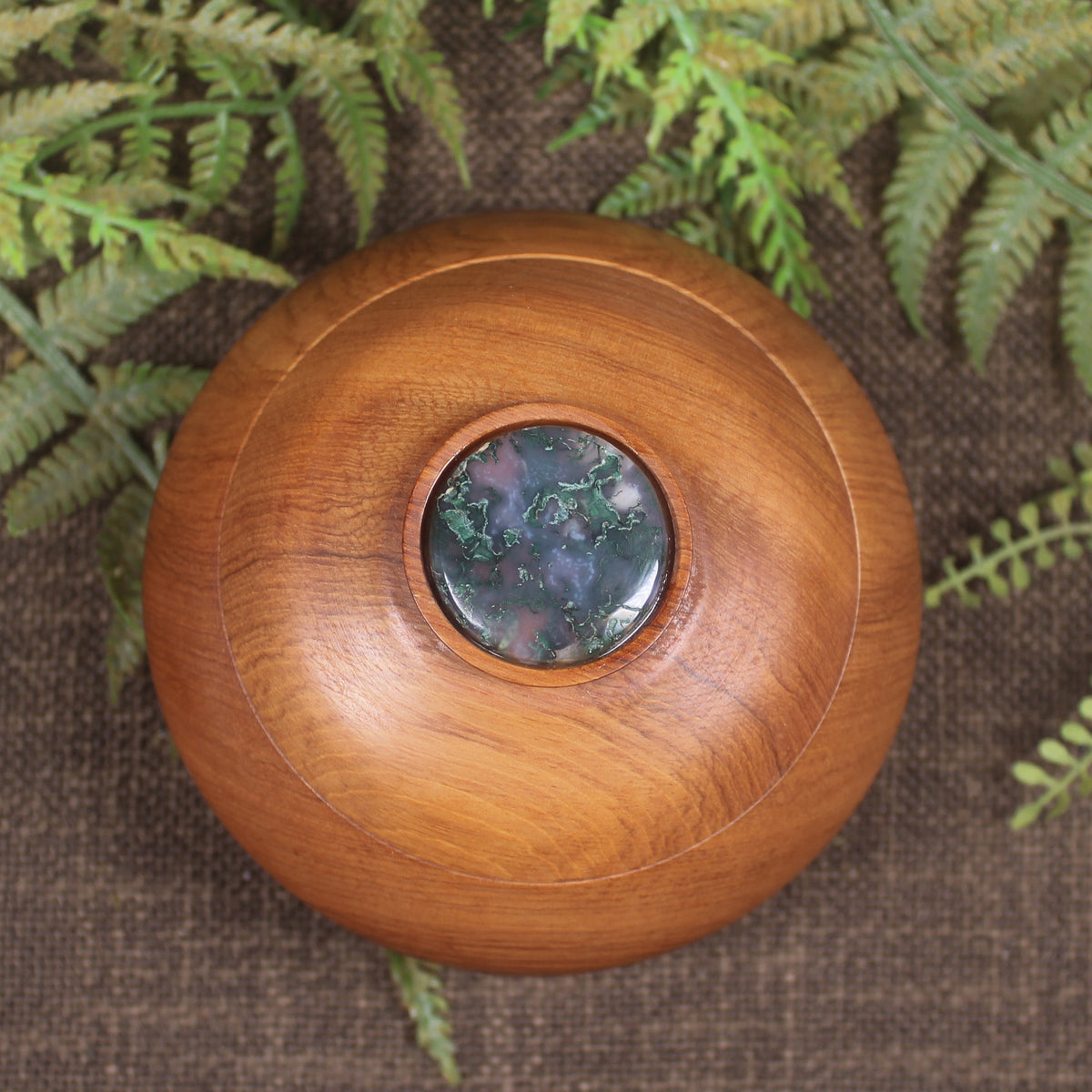 Wooden container with Moss Agate set into lid 