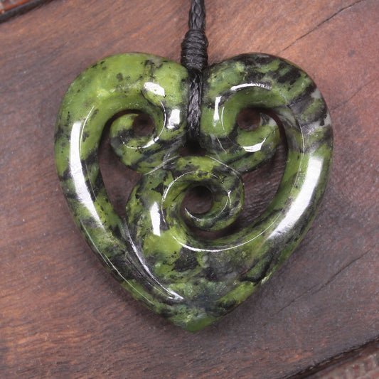 Heart with Koru carved from Douglas Creek Pounamu - NZ Greenstone