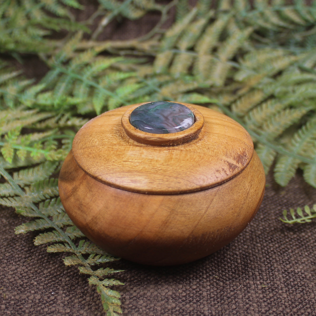 Wooden container with Moss Agate set into lid 