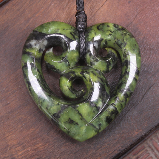 Heart with Koru carved from Douglas Creek Pounamu - NZ Greenstone