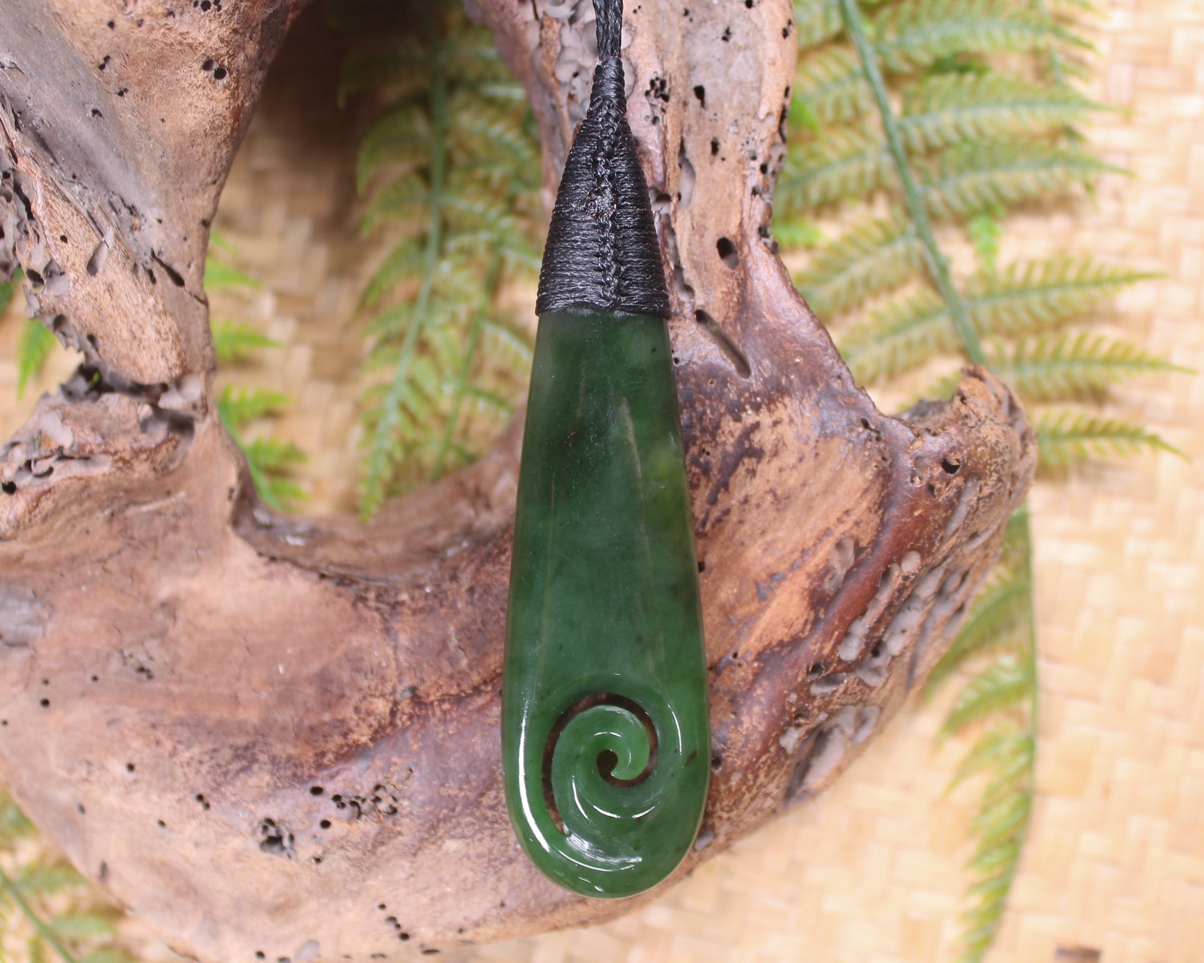Roimata or Teardop with Koru carved from Kawakawa Pounamu - NZ Greenstone