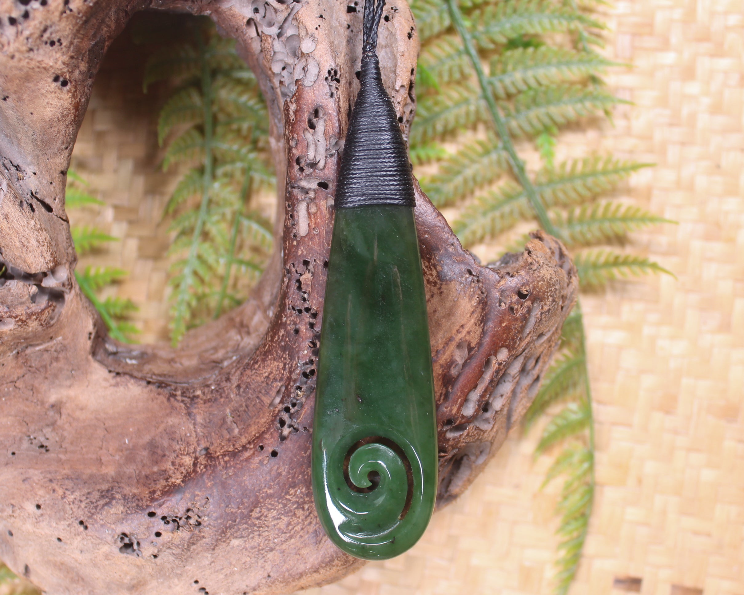 Roimata or Teardop with Koru carved from Kawakawa Pounamu - NZ Greenstone