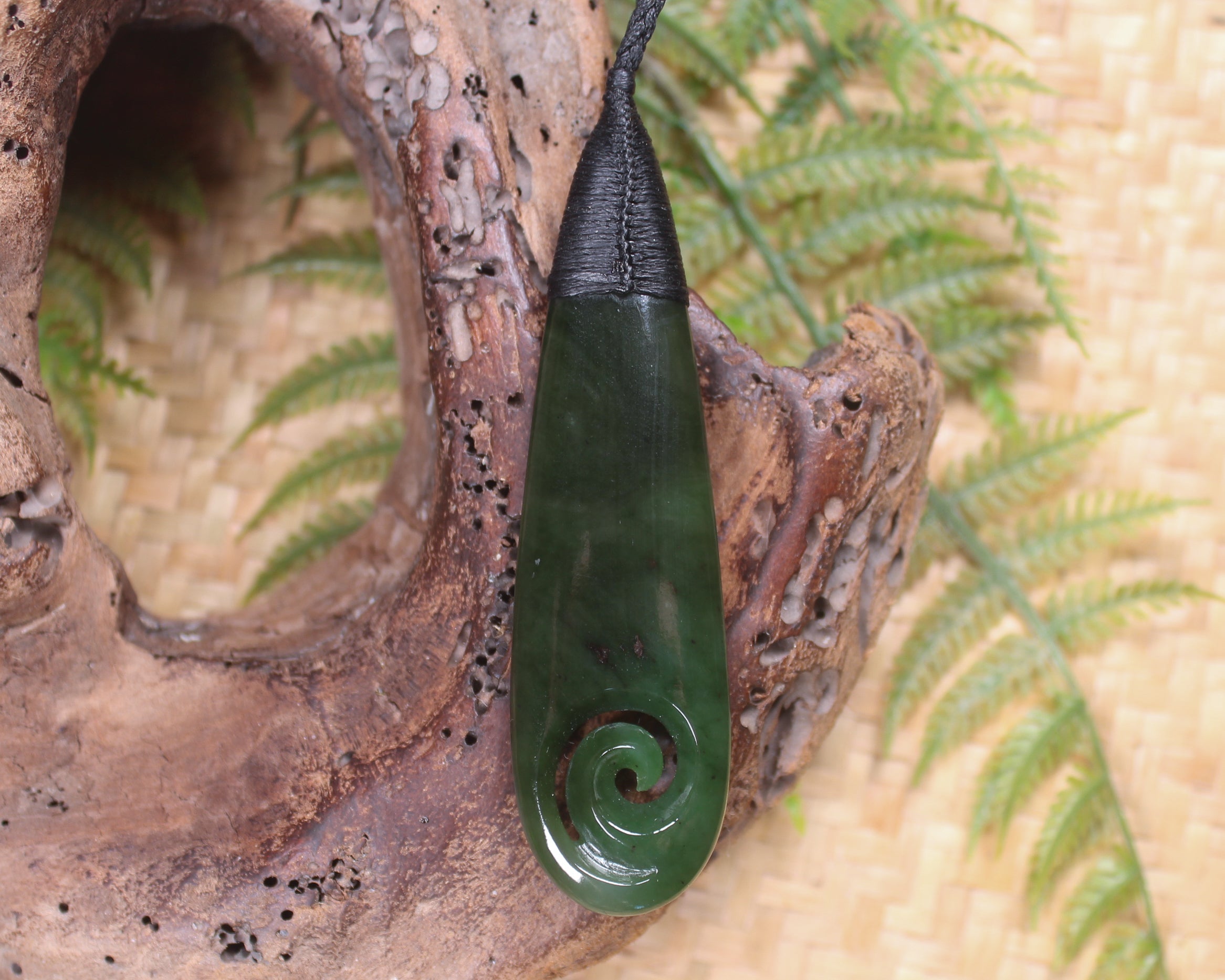 Roimata or Teardop with Koru carved from Kawakawa Pounamu - NZ Greenstone