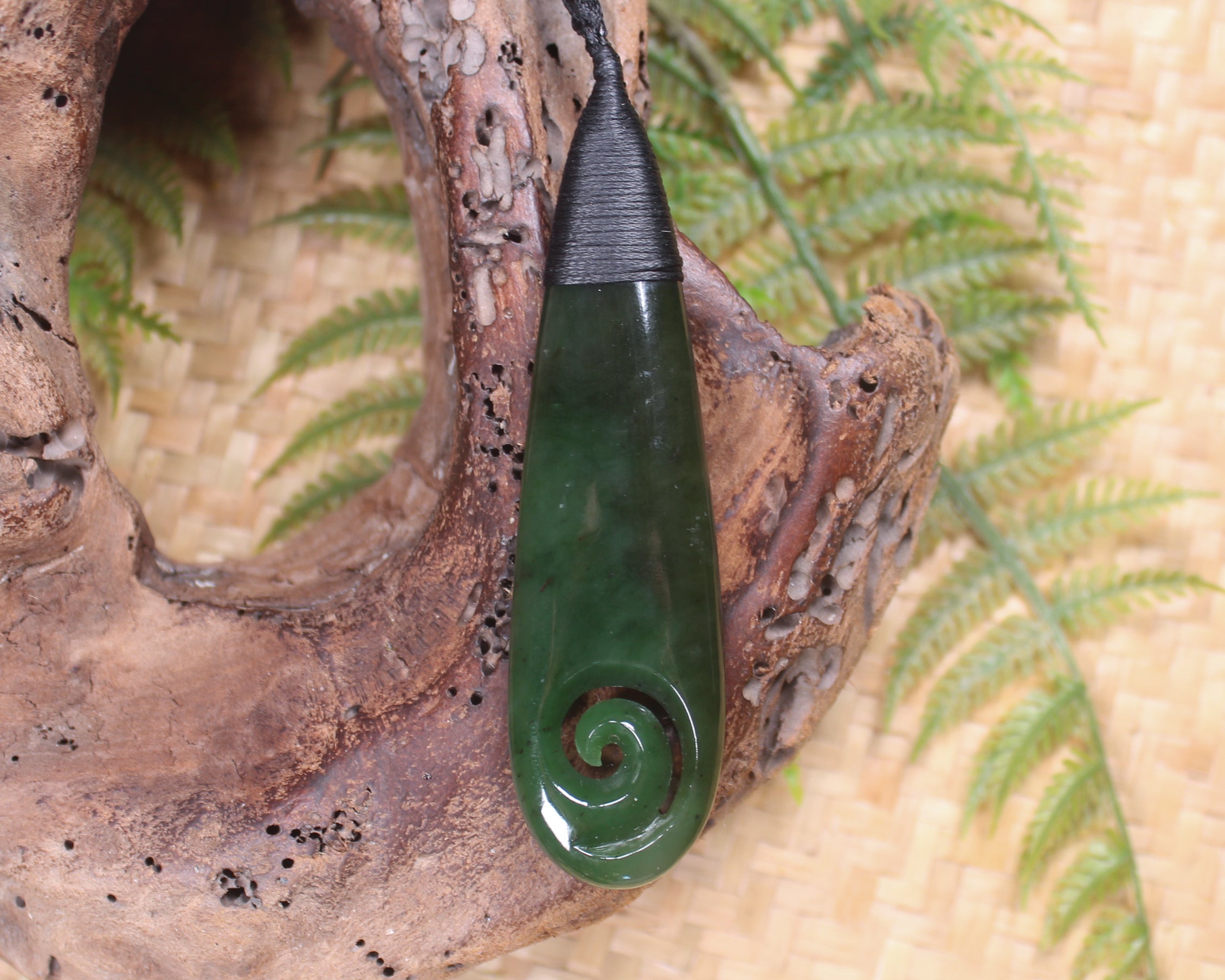 Roimata or Teardop with Koru carved from Kawakawa Pounamu - NZ Greenstone