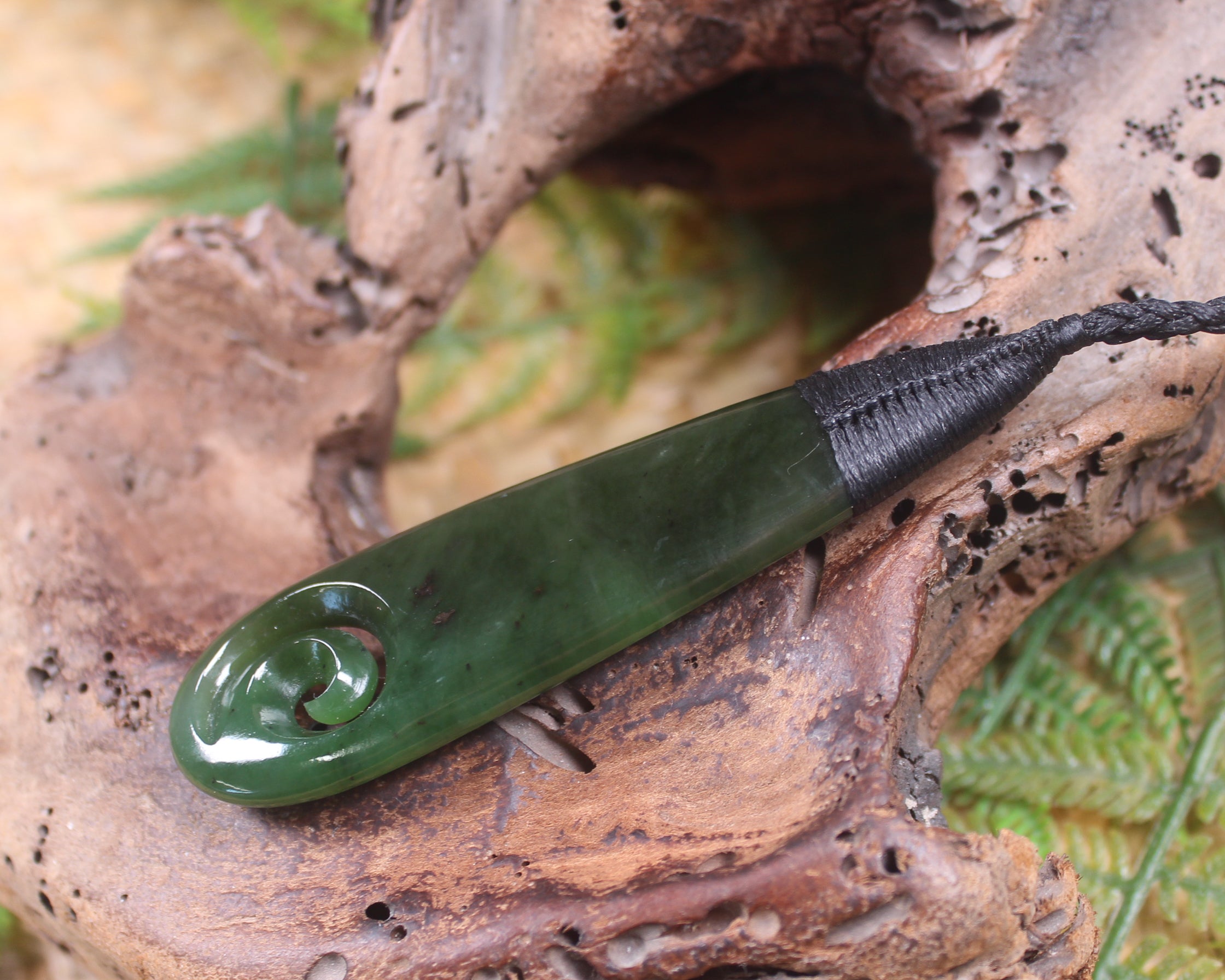 Roimata or Teardop with Koru carved from Kawakawa Pounamu - NZ Greenstone