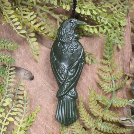 Tui bird pendant carved from Kawakawa Pounamu - NZ Greenstone