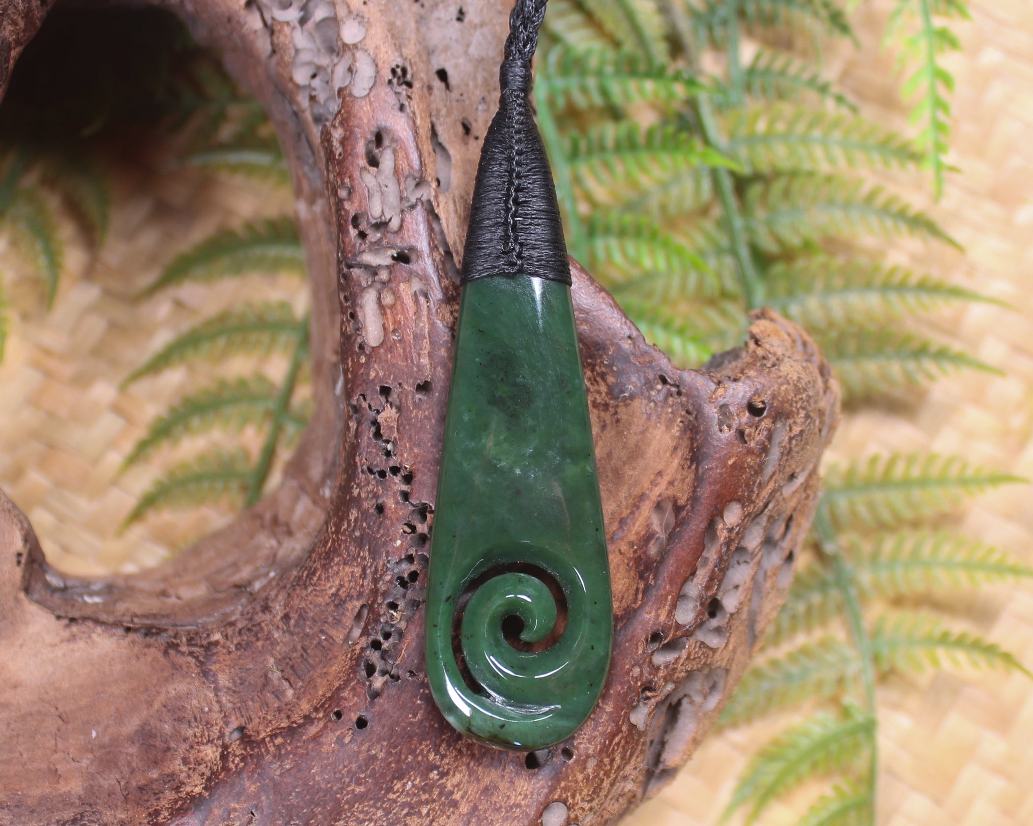 Roimata or Teardop with Koru carved from Kawakawa Pounamu - NZ Greenstone