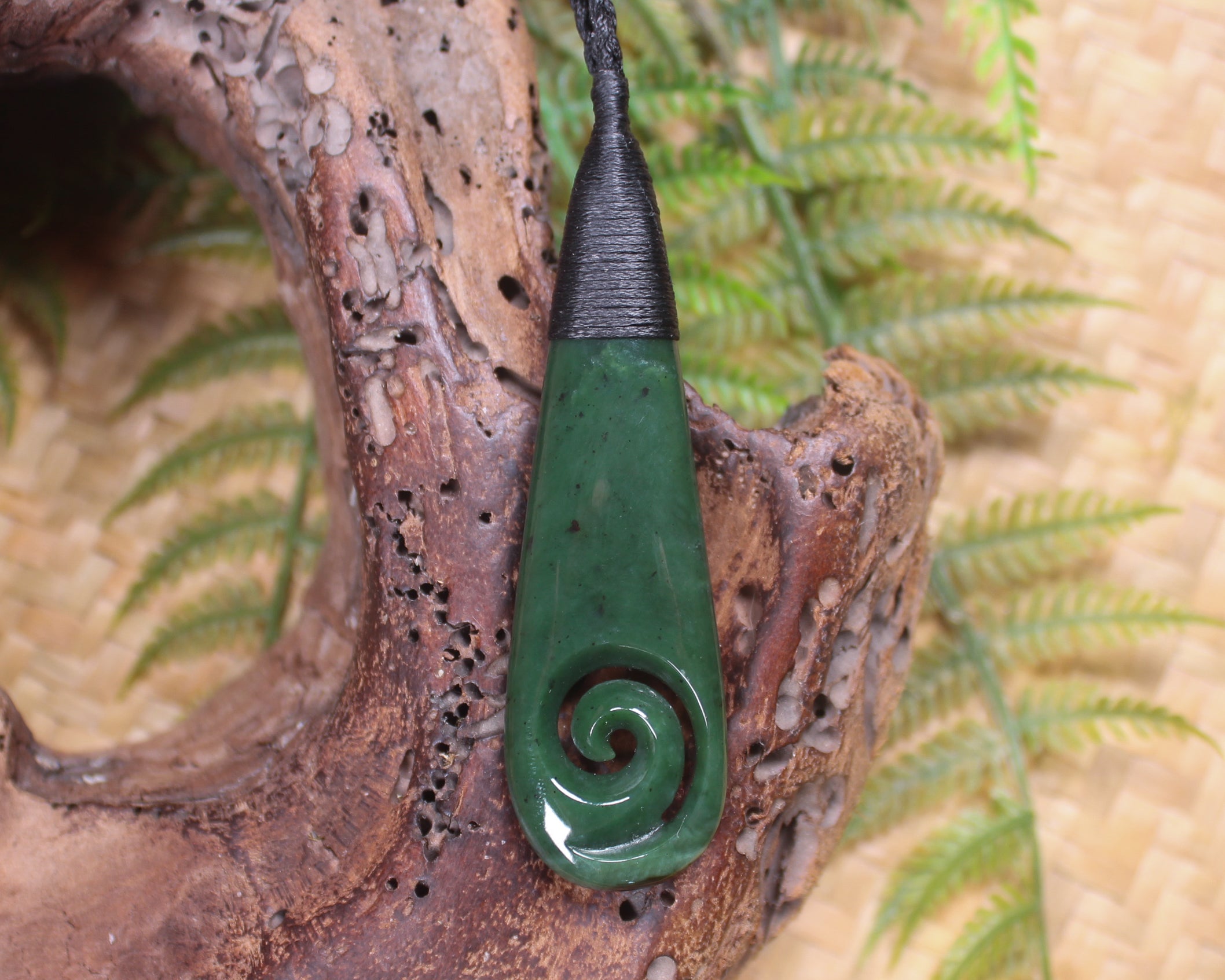 Roimata or Teardop with Koru carved from Kawakawa Pounamu - NZ Greenstone