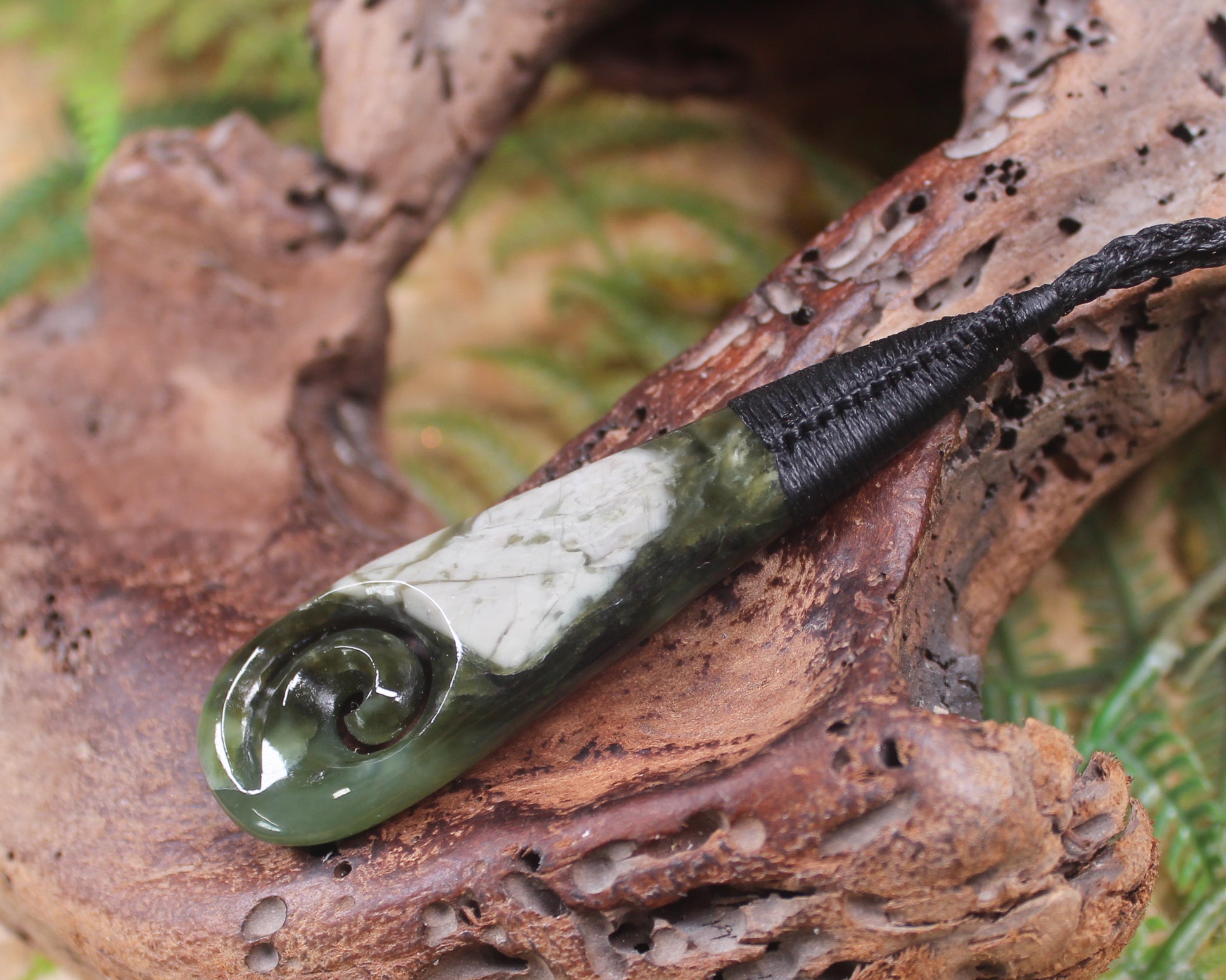 Roimata or Teardop with Koru carved from Rimu Pounamu - NZ Greenstone