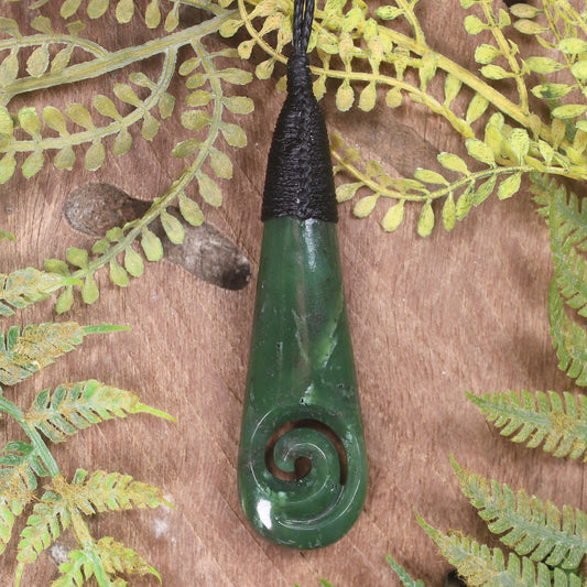 Roimata or Teardop with Koru carved from Kawakawa Pounamu - NZ Greenstone
