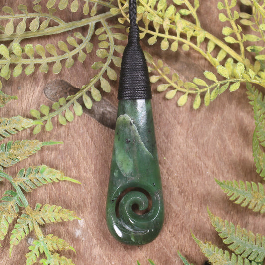 Roimata or Teardop with Koru carved from Kawakawa Pounamu - NZ Greenstone