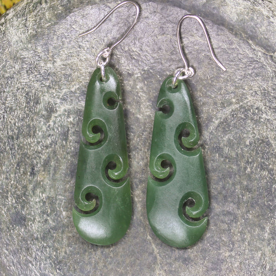 Roimata with Koru earrings carved from Hapopo Pounamu - NZ Greenstone