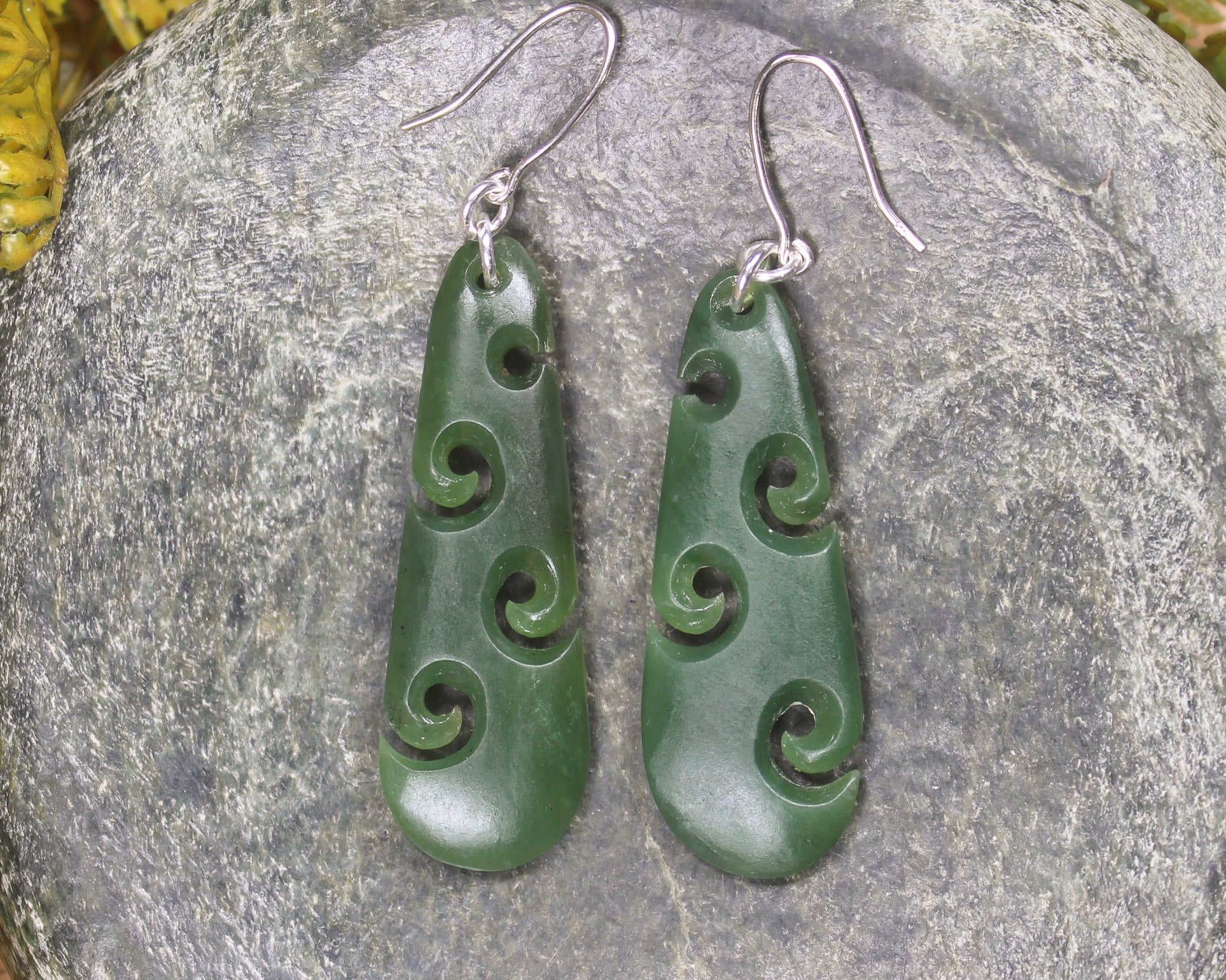 Roimata with Koru earrings carved from Hapopo Pounamu - NZ Greenstone