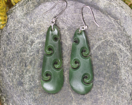 Roimata with Koru earrings carved from Hapopo Pounamu - NZ Greenstone