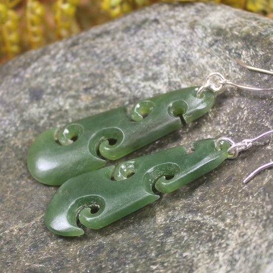 Roimata with Koru earrings carved from Hapopo Pounamu - NZ Greenstone