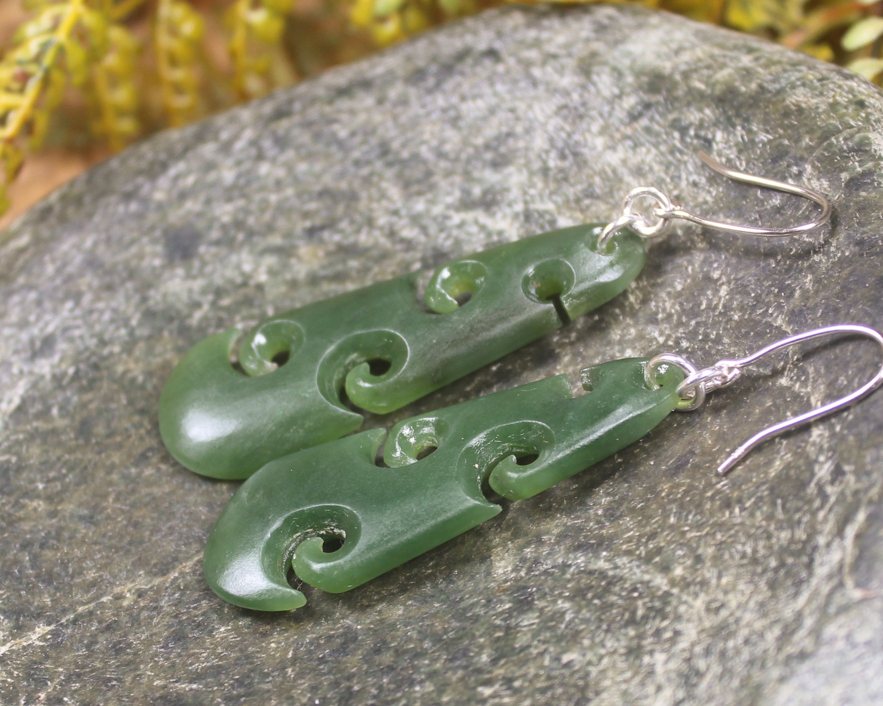 Roimata with Koru earrings carved from Hapopo Pounamu - NZ Greenstone