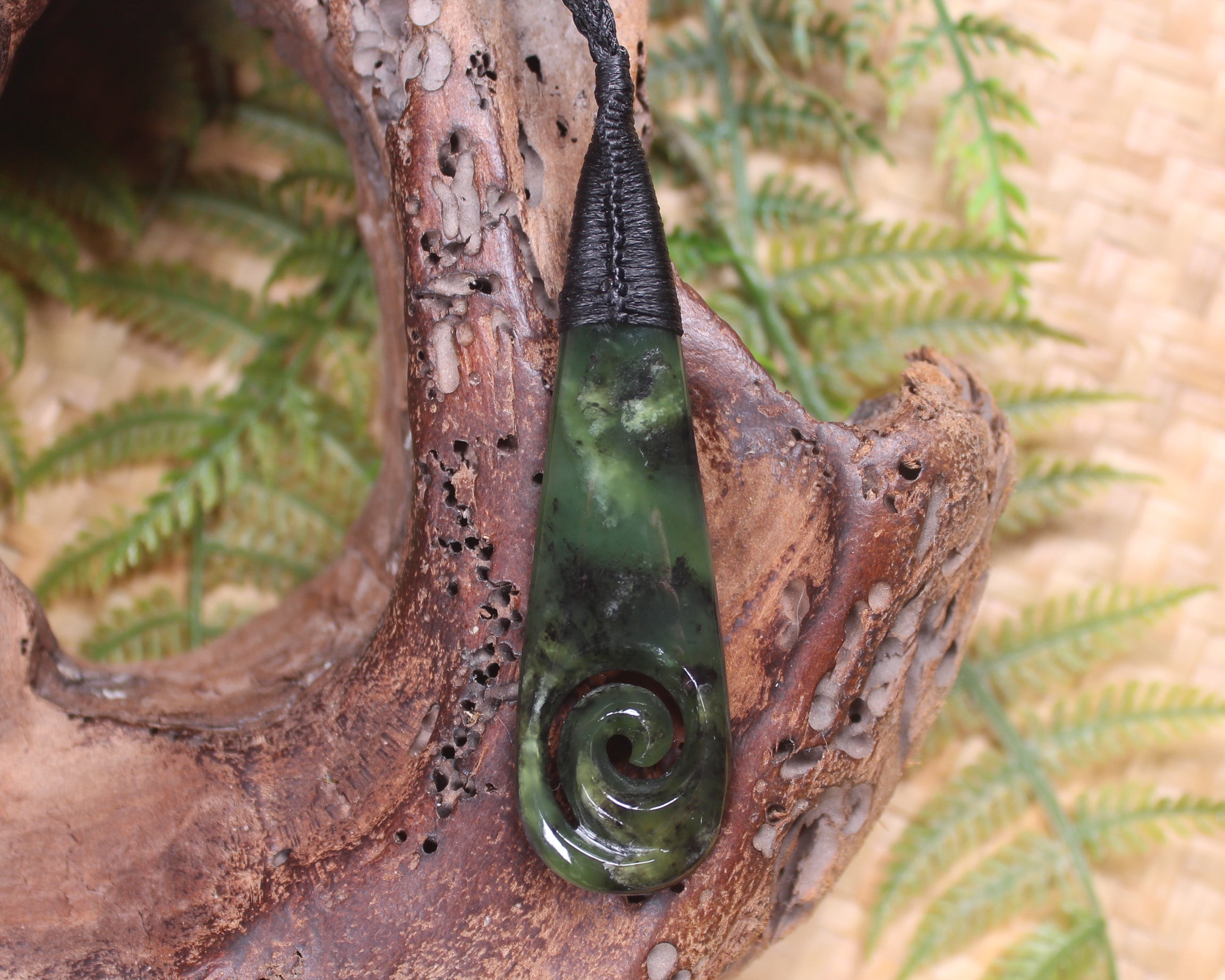 Roimata or Teardop with Koru carved from Rimu Pounamu - NZ Greenstone