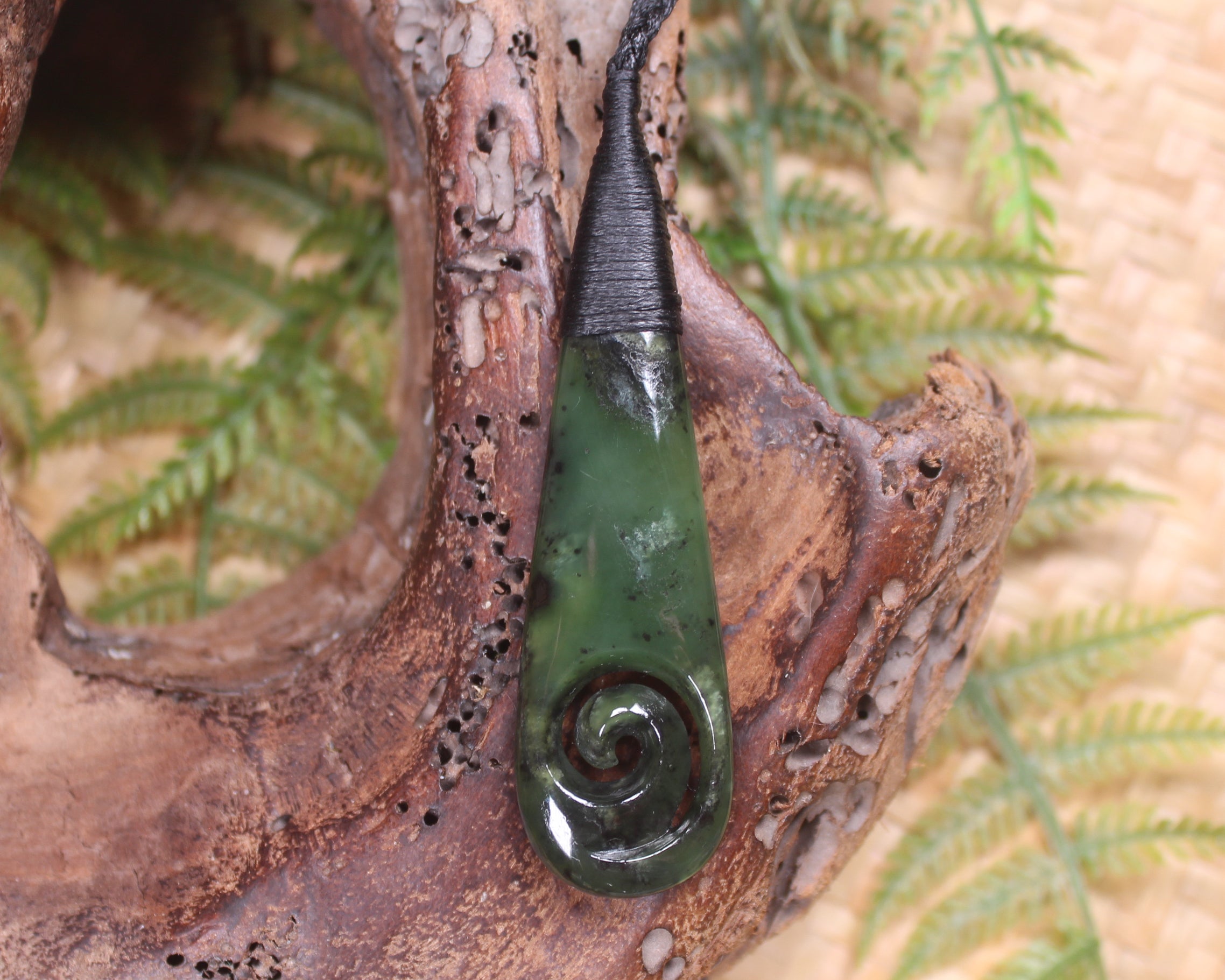 Roimata or Teardop with Koru carved from Rimu Pounamu - NZ Greenstone