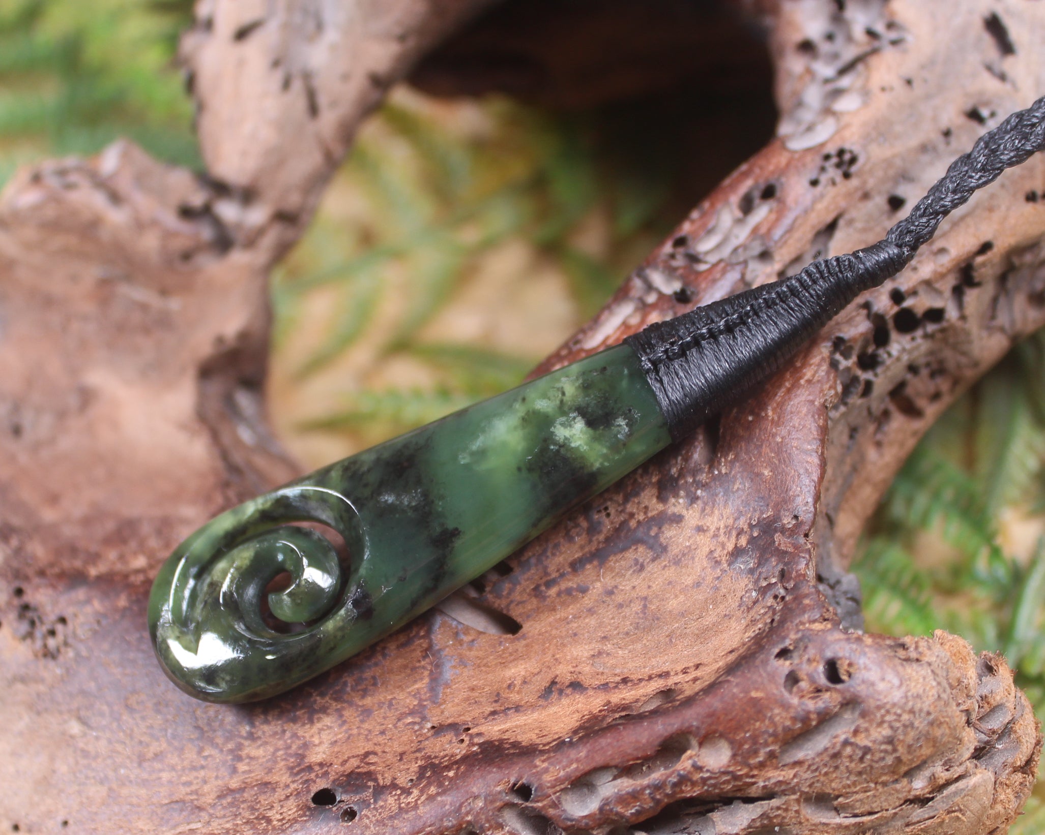 Roimata or Teardop with Koru carved from Rimu Pounamu - NZ Greenstone