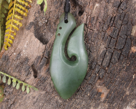 Hei Matau or Fish Hook carved from Hapopo Pounamu - NZ Greenstone
