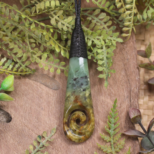 Roimata or Teardrop with Koru carved from Flower Jade Pounamu - NZ Greenstone