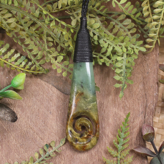 Roimata or Teardrop with Koru carved from Flower Jade Pounamu - NZ Greenstone