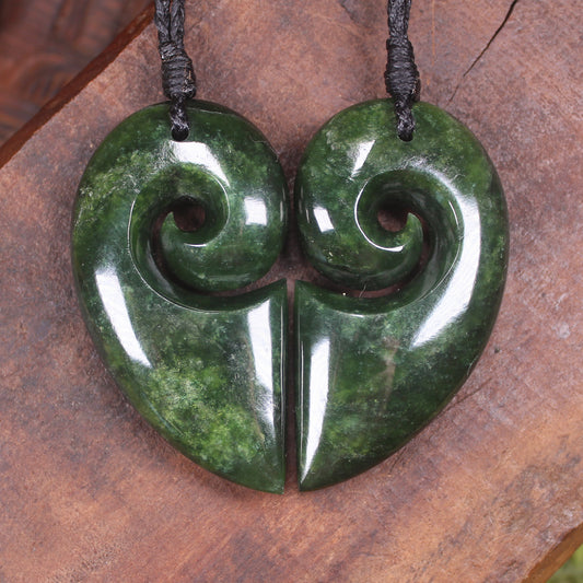 Koru Heart pendant carved from Kawakawa Pounamu - NZ Greenstone