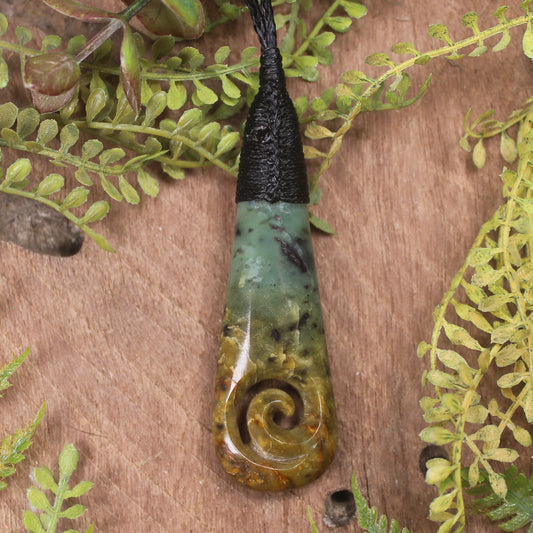 Roimata or Teardop with Koru carved from Flower Jade Pounamu - NZ Greenstone