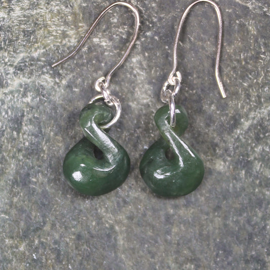 Twist Earrings carved from Kawakawa Pounamu - NZ Greenstone