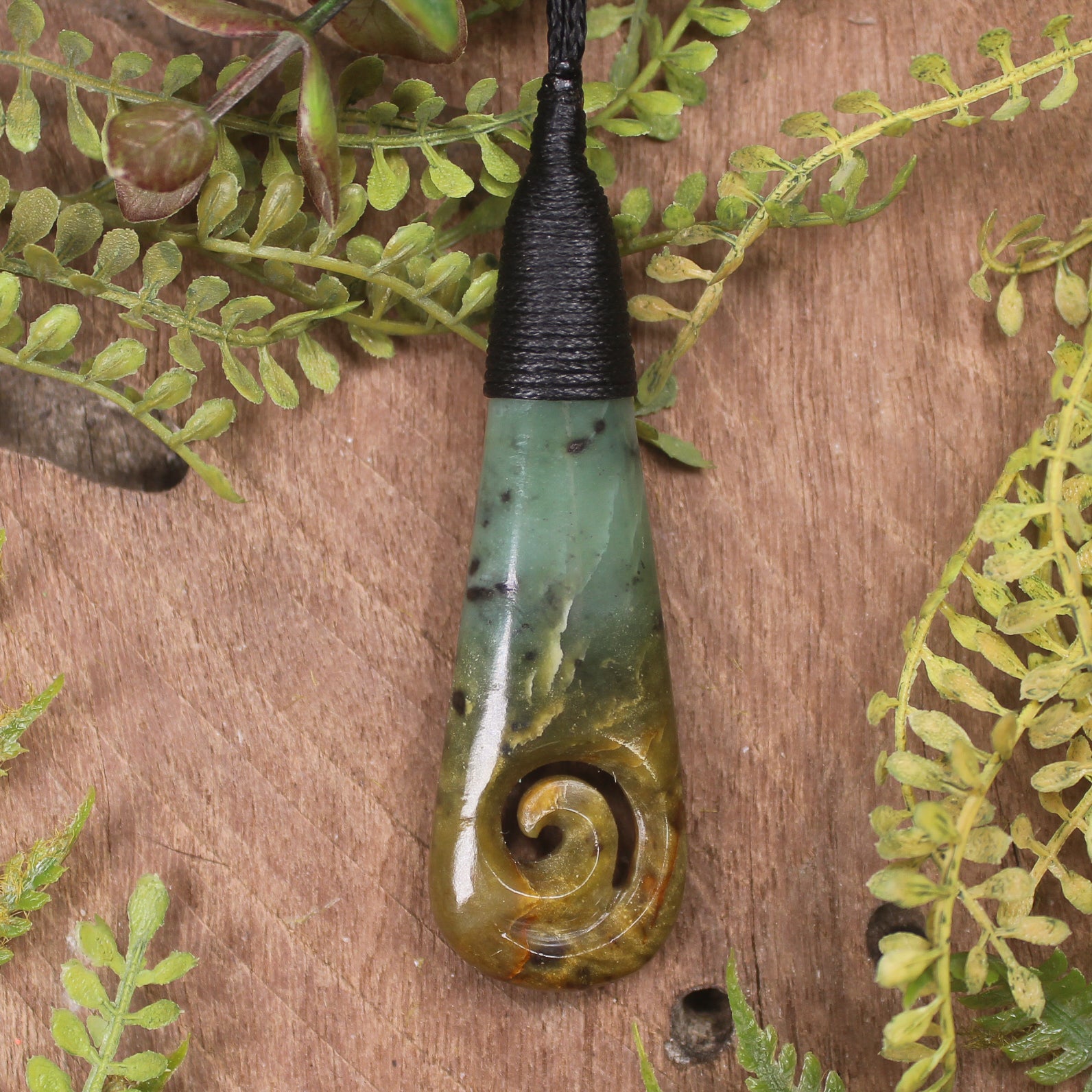 Roimata or Teardop with Koru carved from Flower Jade Pounamu - NZ Greenstone