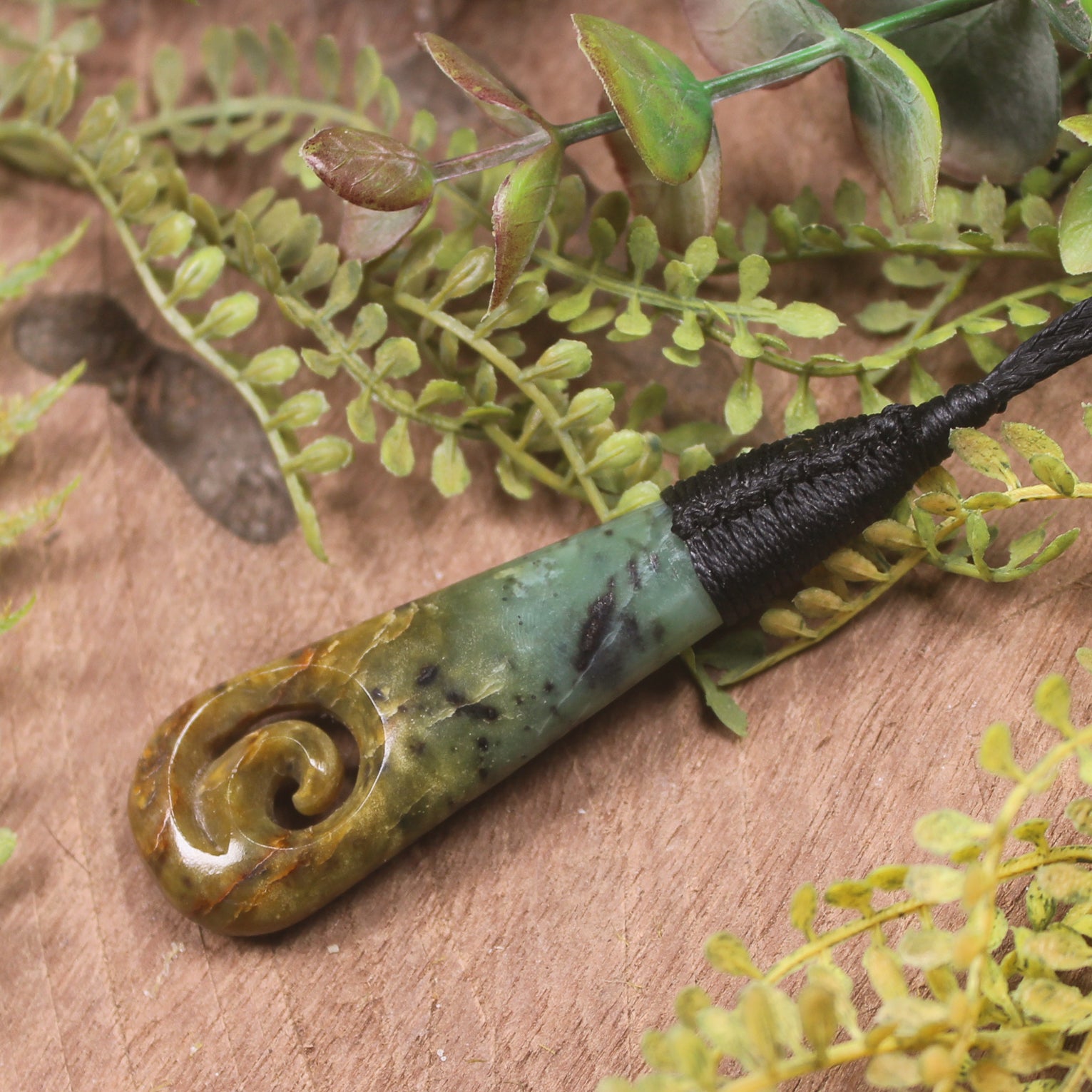 Roimata or Teardop with Koru carved from Flower Jade Pounamu - NZ Greenstone