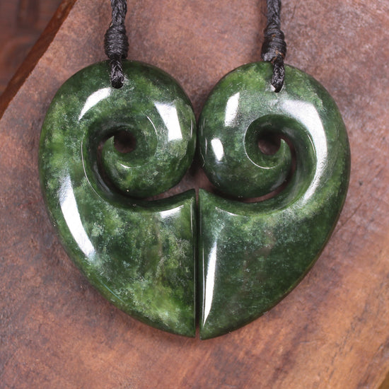 Koru Heart pendant carved from Kawakawa Pounamu - NZ Greenstone
